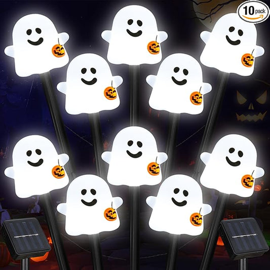 Solar Halloween Ghost Pathway Lights, 10 Pack Ghost Stake Lights with Pumpkin Design, Durable Waterproof Outdoor Halloween Decoration for Garden, Walkway, and Yard (Cold White)