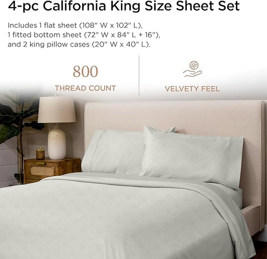 Celine 800 Thread Count Luxury Damask Sheets | California King Size | Light Grey | 4 Piece Striped Bed Sheets | Elasticized Deep Pocket