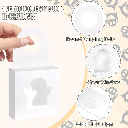 Megitzuu 30PCS Wine Bottle Box with Window, Kraft Paper Wine Boxes for Halloween Gifts Hanging Pumpkin Treat Box Mini Charcuterie Boxes Wine Bottles Gift Bags Goodies Candy Box Party Favor (White)