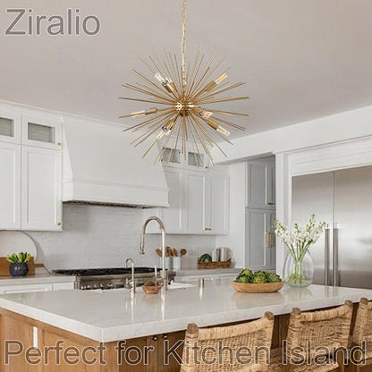 23.8" Modern Golden Sputnik Chandelier 9-Lights Starburst Chandelier Light Fixture Luxury Gold Solid Metal Sputnik Chandeliers for Dining Room, Kitchen, Bedroom, Living Room, Foyer, E12