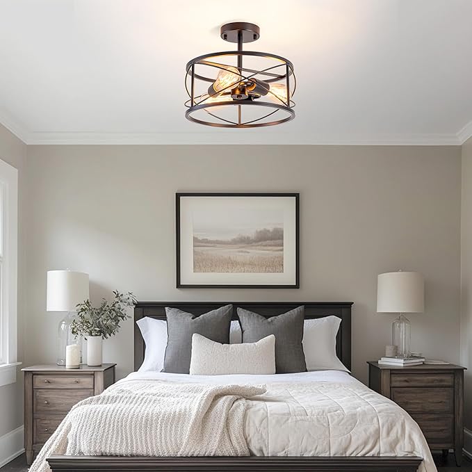 Industrial Farmhouse Semi Flush Mount Ceiling Light, 3-Light Drum Shade Fixture, Black