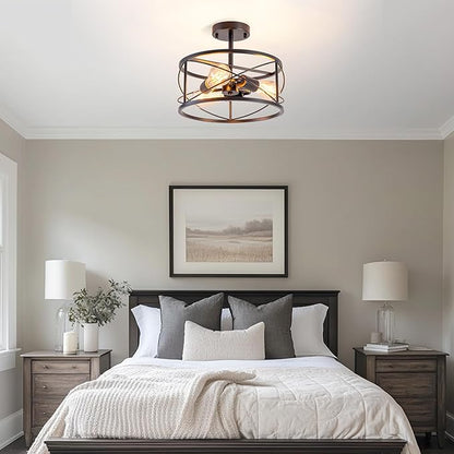 Industrial Farmhouse Semi Flush Mount Ceiling Light, 3-Light Drum Shade Fixture, Black