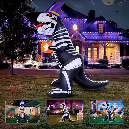 8 FT Halloween Inflatable Decoration, Built in LED Lights Blow Up Skeleton Dinosaur Holds a Pumpkin Decorations for Halloween Party, Indoor, Outdoor, Garden, Yard Lawn Décor