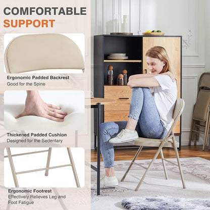 Sweetcrispy Folding Chair 8 Pack, Leather Padded Folding Chairs, Sturdy Metal Foldable Chairs, Easy to Use and Store, Outdoor and Indoor, for Home, Office, Party, Comfy, Kahki
