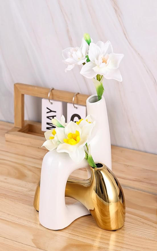 intertwining vase Set Snuggle Hollow Ceramic vase Set of 2 White and Gold vase Modern Boho Home Decor for Neutral Minimalist Vase for Dining Room Table Centerpiece Dining Room,Wedding Table Deco