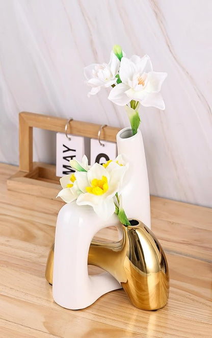 intertwining vase Set Snuggle Hollow Ceramic vase Set of 2 White and Gold vase Modern Boho Home Decor for Neutral Minimalist Vase for Dining Room Table Centerpiece Dining Room,Wedding Table Deco
