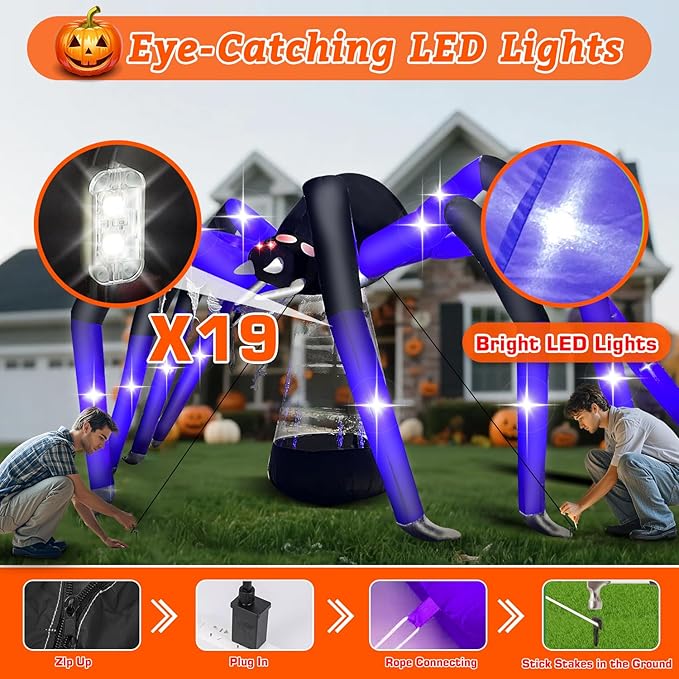Halloween Inflatables Spider Decorations Outdoor - 9 FT Horror Giant Spider Halloween Blow up Yard Decorations with LED Build-in for Garden Lawn Indoor Party Decor