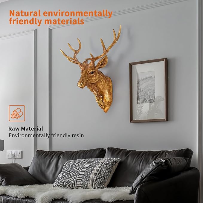 Bodun Deer Head Wall Mount Decor 14.5 inches Faux Deer Head Sculpture for Bar Background Wall Mount Home Living Room Wall Art Christmas Decoration Resin Antler Decor (Gold)