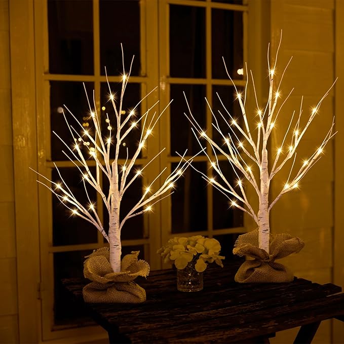 Lighted Birch Tree Christmas Decorations, 2Pack 2FT USB Rechargeable Tabletop Tree with LED Lights, Pre-Lit Artificial Mini Money Trees for Home Centerpiece Fireplace Party Decor(Timer)