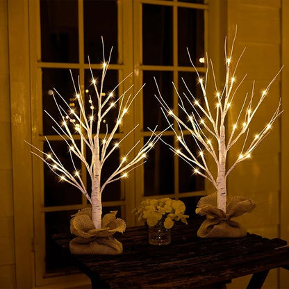 Lighted Birch Tree Christmas Decorations, 2Pack 2FT USB Rechargeable Tabletop Tree with LED Lights, Pre-Lit Artificial Mini Money Trees for Home Centerpiece Fireplace Party Decor(Timer)