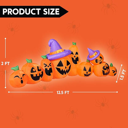 Joiedomi 12.5 FT Halloween Inflatable Pumpkin Outdoor Decorations, Blow Up Yard Decorations with Witch Hat, 9 Pcs Blow Up Pumpkin Inflatable with Built-in LEDs for Halloween Decor