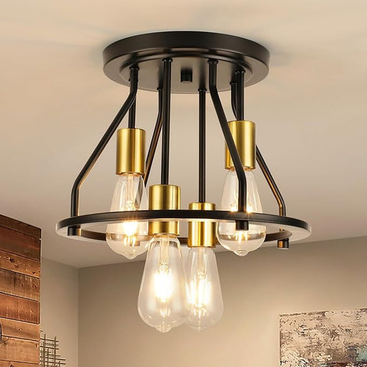 WILON Semi Flush Mount Ceiling Light 4-Light Ceiling Light Fixtures - Black Gold Farmhouse Kitchen Light Industrial Hallway Light Fixtures Ceiling Lamp for Hallway Kitchen Foyer (E26 Socket)