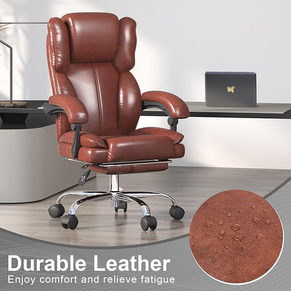 Big and Tall Office Chair, Ergonomic Leather High Back Executive Computer Chair with Retractable Footrest, Adjustable Headrest, Padded Arms, 360°Swivel Free, 90-135°Reclining, 500lbs Wide Seat, Brown