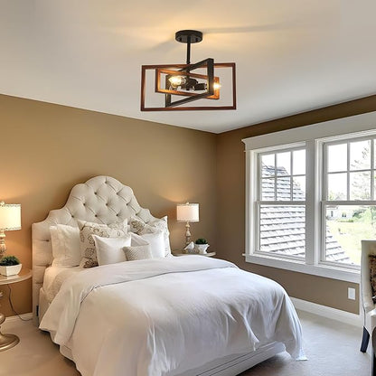 DELIPOP 3-Light Farmhouse Ceiling Light, Industrial Metal Semi Flush Mount Ceiling Light for Dining Room Kitchen Entryway Hallway, Faux-Wood Color Finish