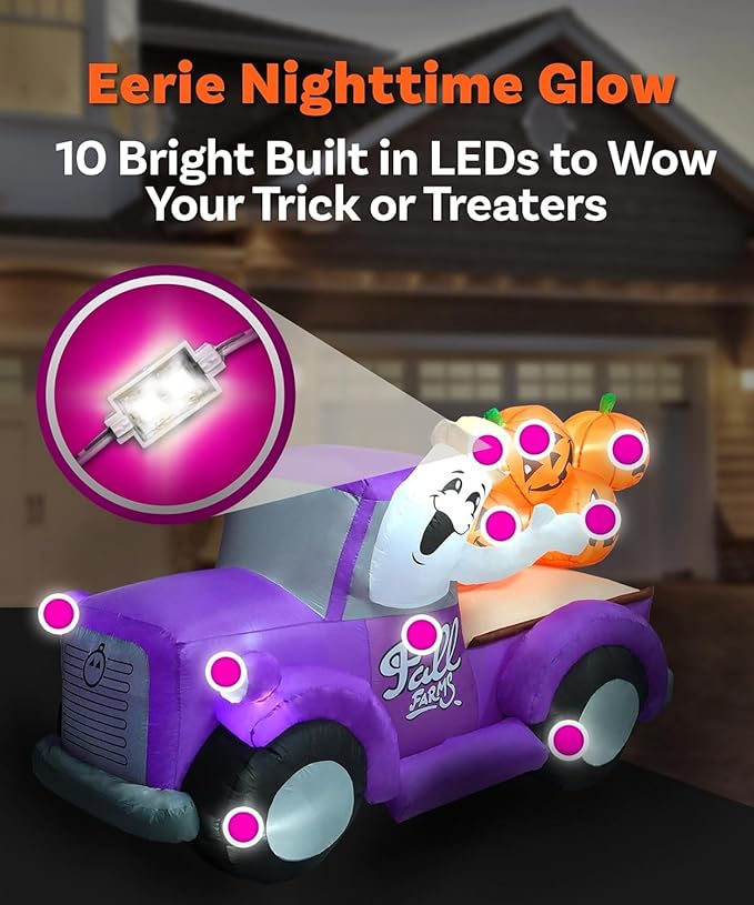 7.5FT Length Halloween Inflatable Hayride Truck with Ghost & 4 Halloween Pumpkins Decoration, Halloween Blow up Car Inflatable Built-in 10 LEDs for Halloween Inflatables Outdoor Decoration