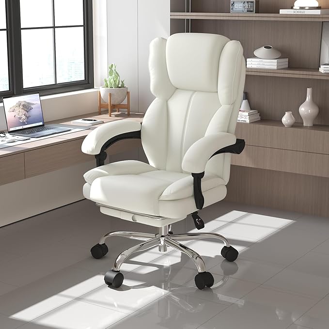 Big and Tall Office Chair, Ergonomic Leather High Back Executive Computer Chair with Retractable Footrest, Adjustable Headrest, Padded Arms, 360°Swivel Free, 90-135°Reclining, 500lbs Wide Seat, White
