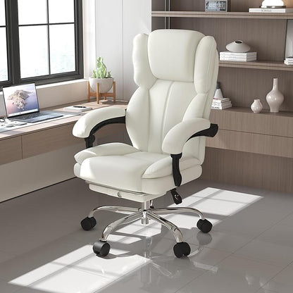 Big and Tall Office Chair, Ergonomic Leather High Back Executive Computer Chair with Retractable Footrest, Adjustable Headrest, Padded Arms, 360°Swivel Free, 90-135°Reclining, 500lbs Wide Seat, White