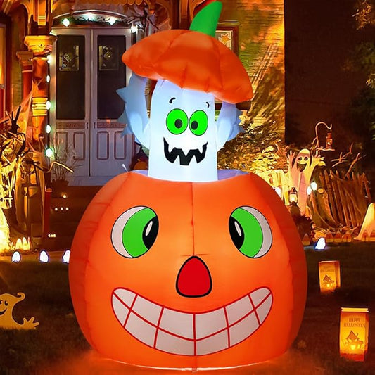 COMIN 5 FT Halloween Inflatables Animated Pumpkin Ghost Outdoor Decorations Blow Up Yard with Built-in LEDs for Indoor Party Garden Lawn Decor