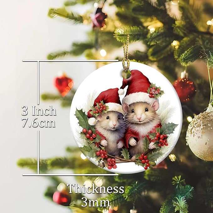 Cute Mouse Ornament Round Ceramic Ornament Xmas Keepsake for Christmas Tree Winter Holiday Xmas Gift for Women Men Xmas Hanging Ornament 3"