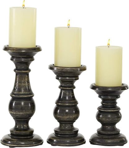 Deco 79 Mango Wood Decorative Candle Holder Distressed Turned Pillar Candle Stand, Set of 3 Candlestick Holder 6", 8", 10"H, Black