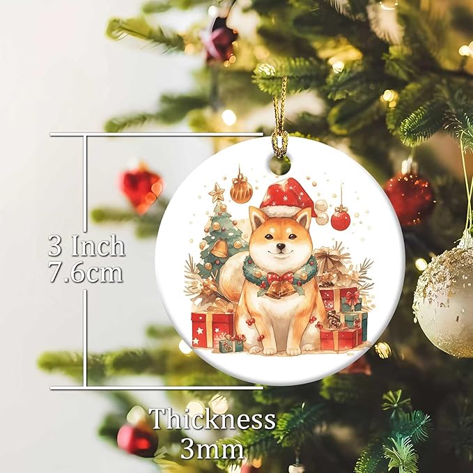 Merry Christmas Ornaments Shiba Inu Round Ceramic Colorful Hanging Ornament Christmas Keepsake Decor for Xmas Tree Winter Holiday Xmas Gift for Women Men 3"