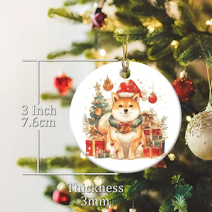 Merry Christmas Ornaments Shiba Inu Round Ceramic Colorful Hanging Ornament Christmas Keepsake Decor for Xmas Tree Winter Holiday Xmas Gift for Women Men 3"