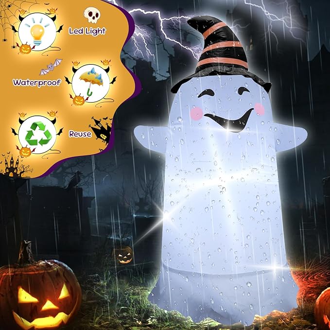 3.5FT Halloween Inflatable Decor with LED Lights Striped Hat Ghost Halloween Blow Up Decorations Indoor Outdoor Yard Garden Party Holiday Decoration