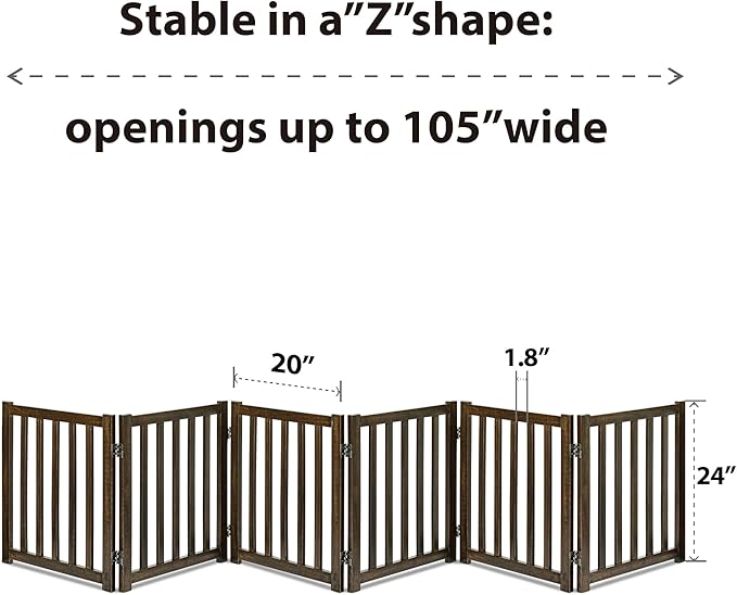 LZRS 6-Panel Extra-Wide Freestanding Wooden Dog Gate – 24”High Foldable Safety Pet Barrier for Doorways, Hallways, Kitchens, and Long Staircases, Durable Design fit Small to Medium Dogs, Walnutl