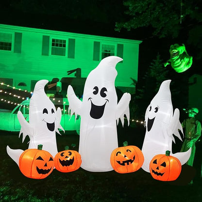7FT Length Halloween Inflatable Ghosts and Pumpkins, 3 Ghosts Inflatables with Led Lights for Home Yard Lawn Indoor Halloween Outdoor Decoration