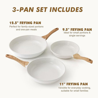 SENSARTE Nonstick Frying Pan Skillets, White Ceramic Coating Omelette Pans, Healthy Cookware Chef's Pan, Free of PTFE & PFAS (9.5+11+12.5 Inch)