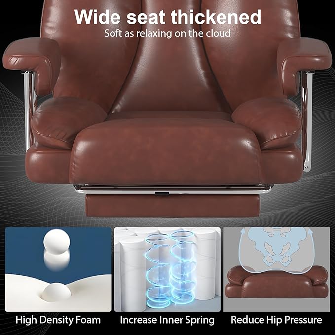 Big and Tall Office Chair, Ergonomic Leather High Back Executive Computer Desk Chair with Retractable Footrest and Padded Arms, 360°Swivel Free, 90-135°Reclining, 500lbs Wide Seat, Brown