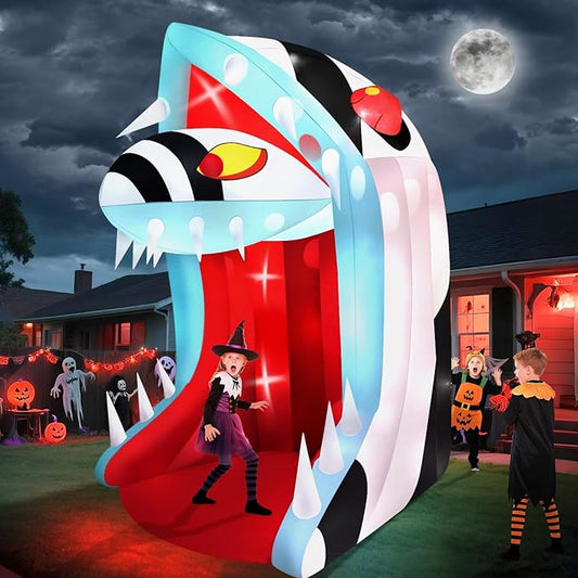 10FT Halloween Inflatable Snake Head with LED Light, Kalolary Halloween Outdoor Decoration with Open Mouth and Sharp Teeth, Halloween Inflatable Archway Halloween Snake Blow up Yard Decor for Home