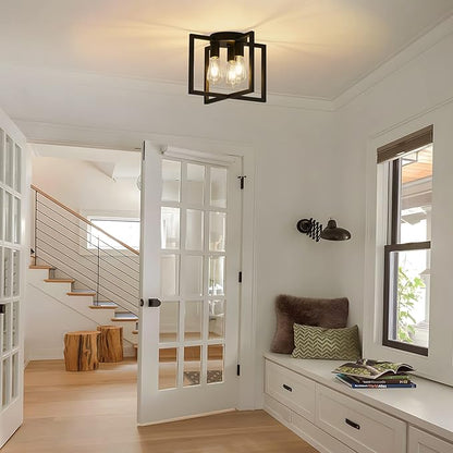 3-Light Ceiling Light Fixture, Black Semi-Flush Mount Chandelier with Geometric Metal Shade, Farmhouse Industrial Lighting for Kitchen Living Room Bedroom Hallway Foyer, E26 Base