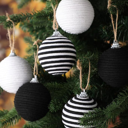 Syhood 9 Pcs 2.36 Inch Christmas Ball Ornaments Boho Farmhouse Jute Rope Hanging Balls Burlap Neutral Rustic Ornaments for Xmas Tree Holiday Wreath Garland Wedding Home(Black, White, Black and White)