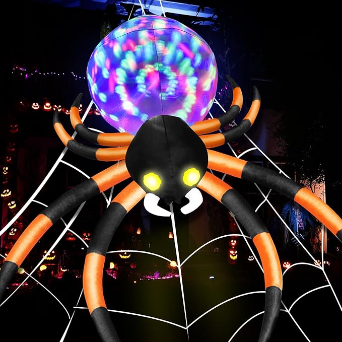 12Ft Halloween Inflatables Spider with 7-Colors Changing LED Lights, Decorations Outdoor Rotating Lights & Glowing Eyes, Large Creepy Props for Yard Garden Decor Orange