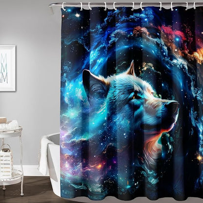 AILONEN 3D Wolf Shower Curtain for Bathroom,Blue Space Galaxy Starry Clouds Wolf Printed Bath Curtain,Boys Teen Kids Wild Animal Wolf Decoration Shower Curtain Waterproof 36" W*72" H