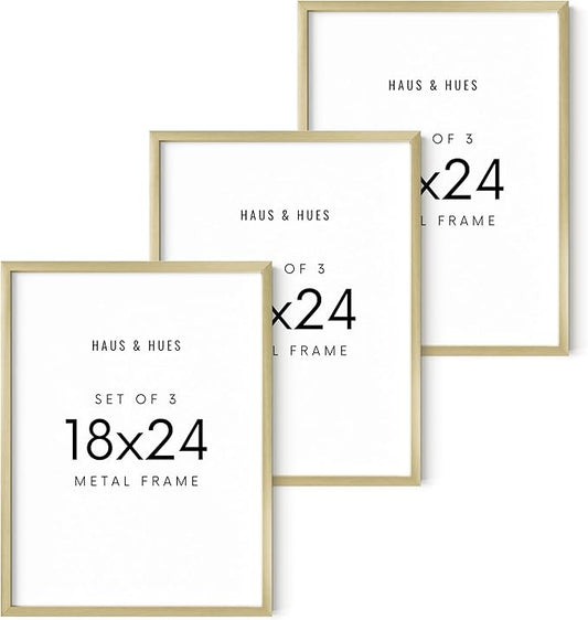 HAUS AND HUES 18x24 Gold Metal Picture Frames - Features Premium Aluminum, Vertical & Horizontal Hang, Shatterproof Plexiglass - Perfect for Home, Room, Office (18x24 in, Gold, Set of 3)