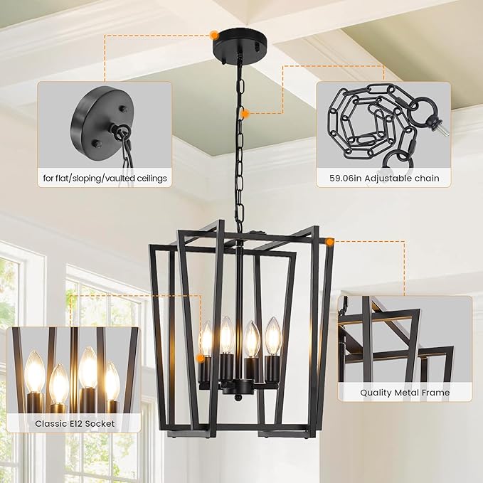 4-Light Black Chandelier, Farmhouse Lantern Pendant Light Lighting Fixtures, Industrial Ceiling Light, Adjustable Height Rustic Geometric Hanging Chandelier for Kitchen Island,Entryway,Foyer,E12 Base