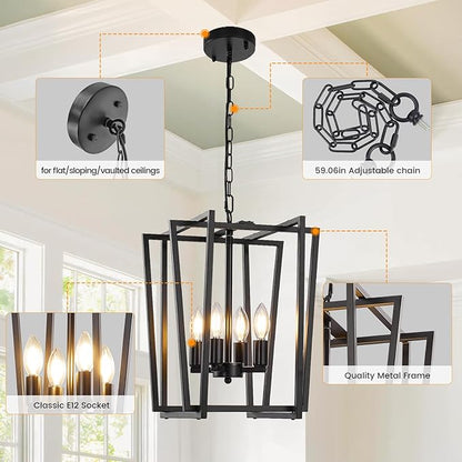 4-Light Black Chandelier, Farmhouse Lantern Pendant Light Lighting Fixtures, Industrial Ceiling Light, Adjustable Height Rustic Geometric Hanging Chandelier for Kitchen Island,Entryway,Foyer,E12 Base