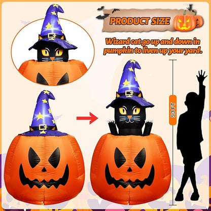 5.3 FT Halloween Inflatable Animated Witch Cat in Pumpkin, Blow Up Yard Decorations with Build-in LEDs Lighted Decor for Holiday Party Outdoor Indoor Lawn Garden