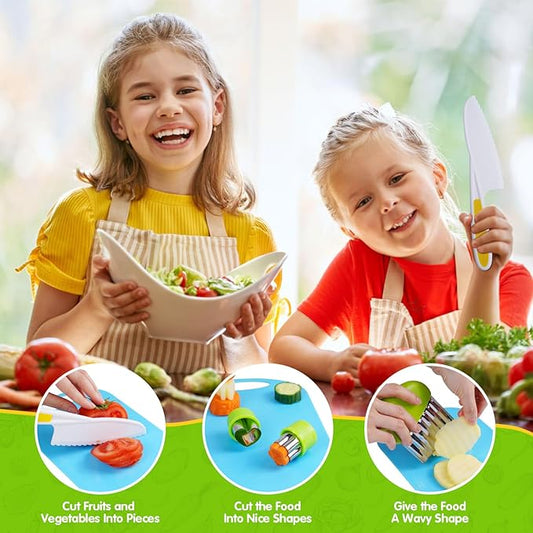 Kids Knife Set for Real Cooking Toddler Kitchen Tools Include 4 Serrated Edges Plastic Safe Knives,Crinkle Cutter Y Peeler Cutting Boards Wood Kids Knife, Kitchen Gloves, Fruit Forks and Dough Cutters