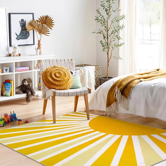 Lahome Machine Washable Rugs - 5x7 Area Rugs for Living Room Untra-Thin Soft Bedroom Rug Non-Slip Cute Kids Nursery Rug, Boho Rainbow Sun Print Floor Carpet Rug for Classroom Dorm (5'x7', Yellow)
