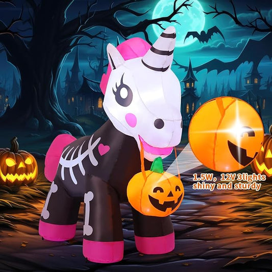 COMIN 5 FT Halloween Inflatables Skeleton Unicorn Outdoor Decorations Blow Up Yard Pink Cute with Built-in LEDs for Indoor Party Garden Lawn Decor