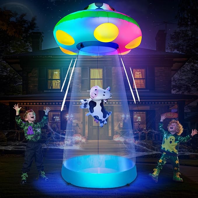 [ 3 Colors Changing Light ] 10 Ft Tall Halloween Inflatable UFO Cow Abduction Decorations with Build-in LEDs Halloween Blow Up UFO for Halloween Decoration Outdoor Yard Garden Lawn Holiday Party Decor