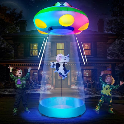 [ 3 Colors Changing Light ] 10 Ft Tall Halloween Inflatable UFO Cow Abduction Decorations with Build-in LEDs Halloween Blow Up UFO for Halloween Decoration Outdoor Yard Garden Lawn Holiday Party Decor