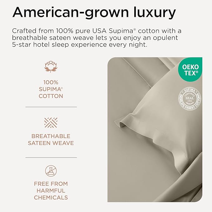 Threadmill California King Sheet Sets | 800 Thread Count Cal King Bed Sheets Set with 16” Deep Pocket | Sateen Weave, Better Than Egyptian Cotton, 4-Piece Bedding Set with Cooling Effect | Taupe