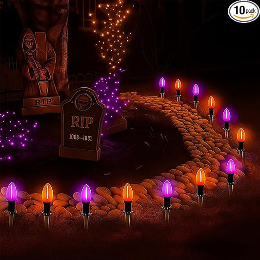 Halloween Pathway Lights, 10 Pack C9 LED Stake Lights with Purple & Orange Bulbs, 19.5ft Extendable Outdoor Walkway Lights for Garden, Yard, Driveway, Porch & Sidewalk Halloween Decorations