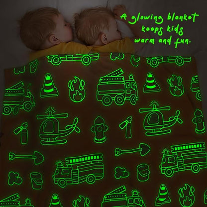 Glow in The Dark Blanket Toddler Fire Truck Gifts Toys for Boys Soft Kids Blankets for Birthday Gifts