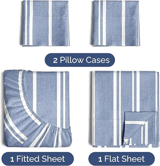 CGK Linens Twin 4 Piece Sheet Set - Cooling Sheets for Hot Sleepers - Hotel Luxury Bedding Set with 8-16 Inch Deep Pockets - 1 Flat & 1 Fitted & 2 Pillowcases - Soft and Wrinkle Free - Blue Stripes
