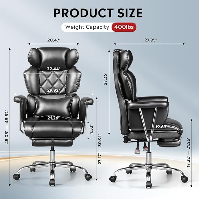 DEVAISE Executive Ergonomic Leather Home Office Chair with Footrest, Comfy Reclining Big and Tall Desk Chair with Lumbar Support, Heavy Duty, SGS Class 4 Gas Lift, Black